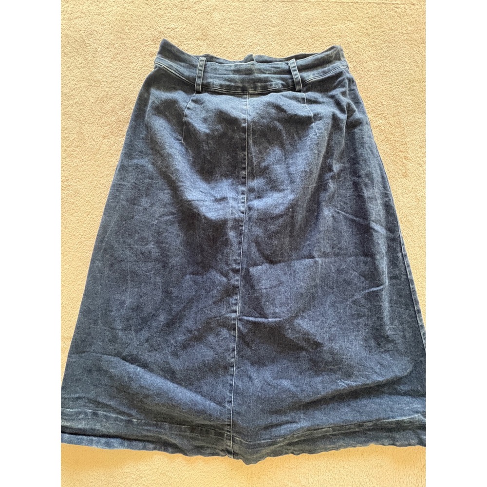 Free People Dark Wash Denim Button Front Midi Skirt A-Line Patch Pockets Size 8 - Picture 4 of 6